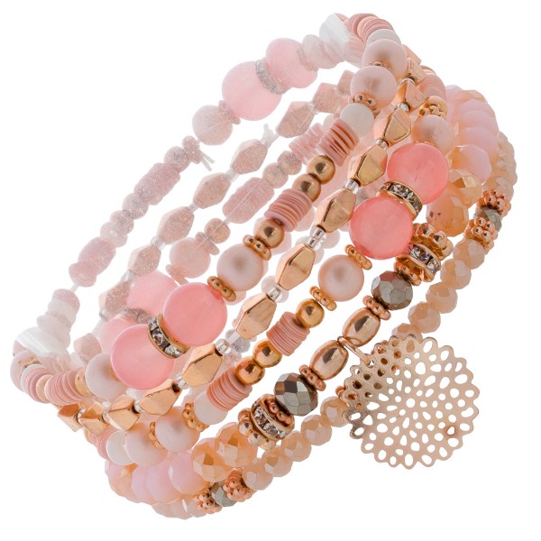 5-teiliges Crystal Blue Armband Set dehnbar rose pinkfarbenen Perlen Steinen synthetisch