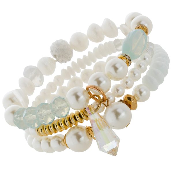 Armband Set 3 teilig dehnbar mit synthetischen Perlen 6-10mm weiße transparente goldene Zwischenelemente