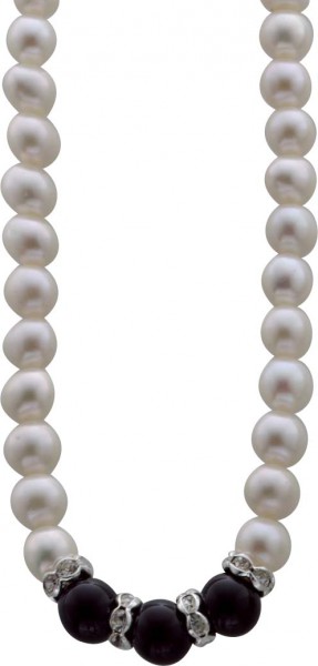 Perlenkette – Perlenset 2-teilig bestehend aus Perlencollier 42cm +7cm Verlängerungskette und dehnbarem Ring (Einheitsgröße) aus echten, wunderschön glänzenden weißen Süßwasserzuchtperlen (ca. 5-8mm), Onyxkugeln (ca. 3,5-8,5mm) und weißen, funkelnden Kris