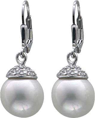 Ohrringe – Ohrshänger schmuck  Silber Sterlingsilber 925mit 15mm grossen  Perlen weiss und strahlend (synth.) gehalten von einem kelch aus Silber Sterlingsilber und 24 diamanten funkelnden Zirkonia (synth.) Die perle ist eingehängt in eine sicher verschli